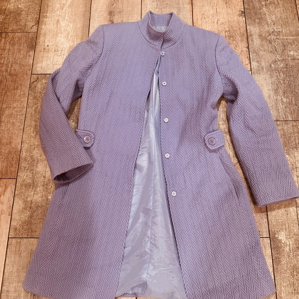 Chic Periwinkle Purple Herringbone Pea Coat Lined Button Down Fitted Flare - Picture 3 of 7